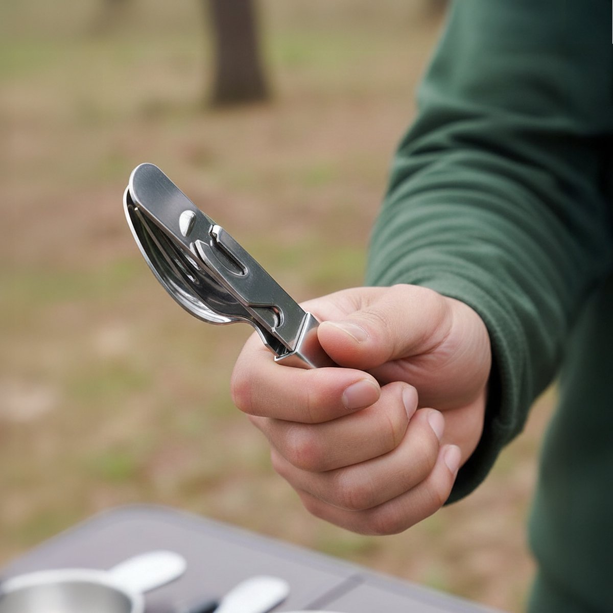 Hand houdt Travelhawk reisbestek to-go zilver bij picknick