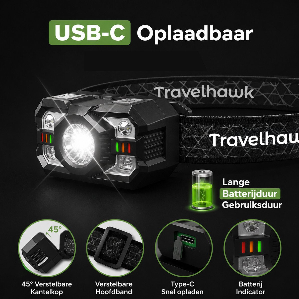 LED hoofdlamp 2000 lumen voor wandelen, vissen en klussen in het donker