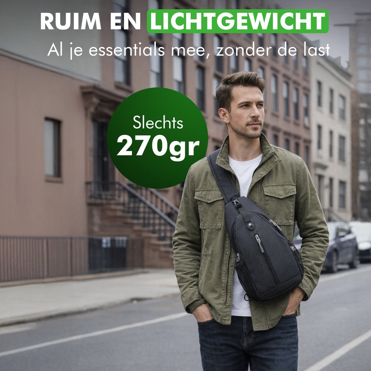 Lichtgewicht Travelhawk crossbody schoudertas zwart gedragen tijdens dagelijks gebruik