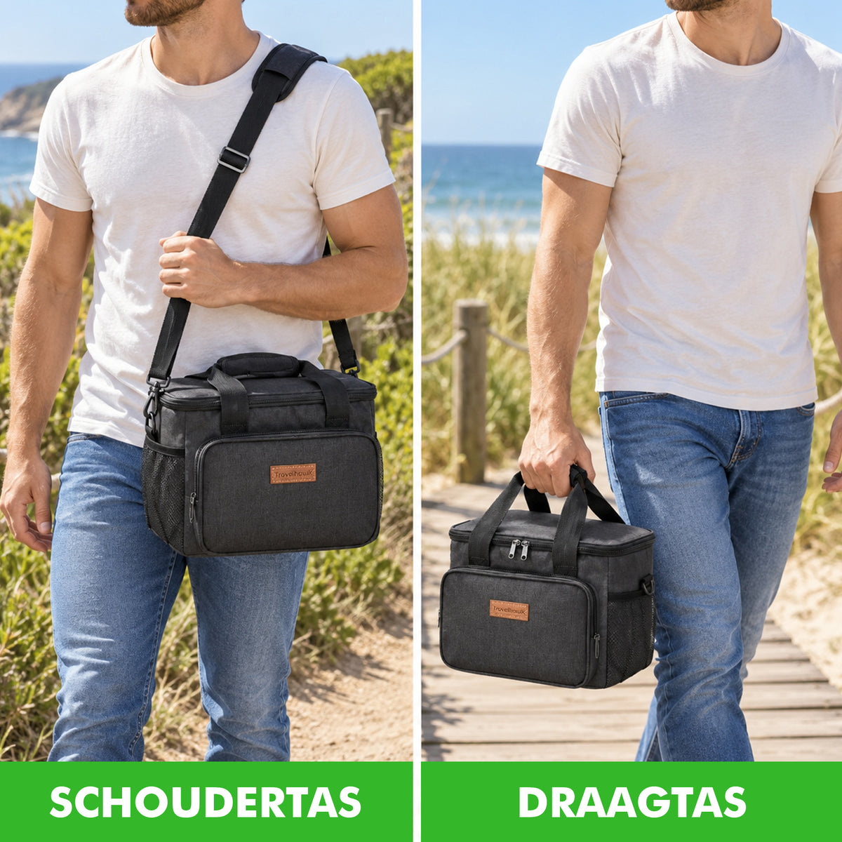 Travelhawk koeltas gedragen als schoudertas en als draagtas