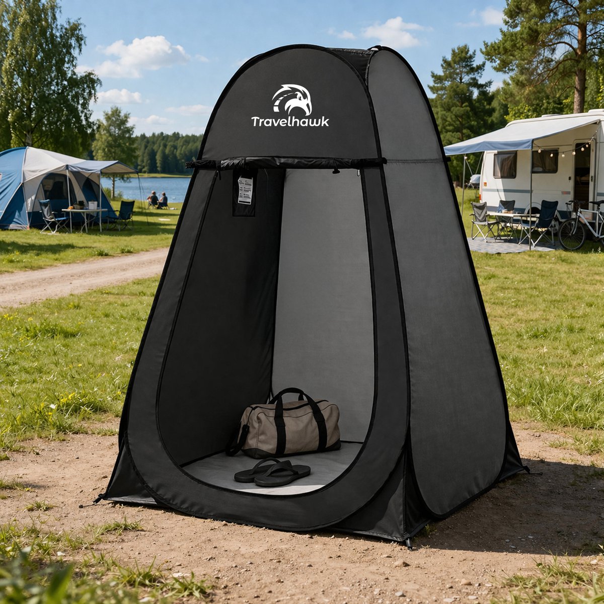 Omkleedtent camping met voldoende stahoogte

