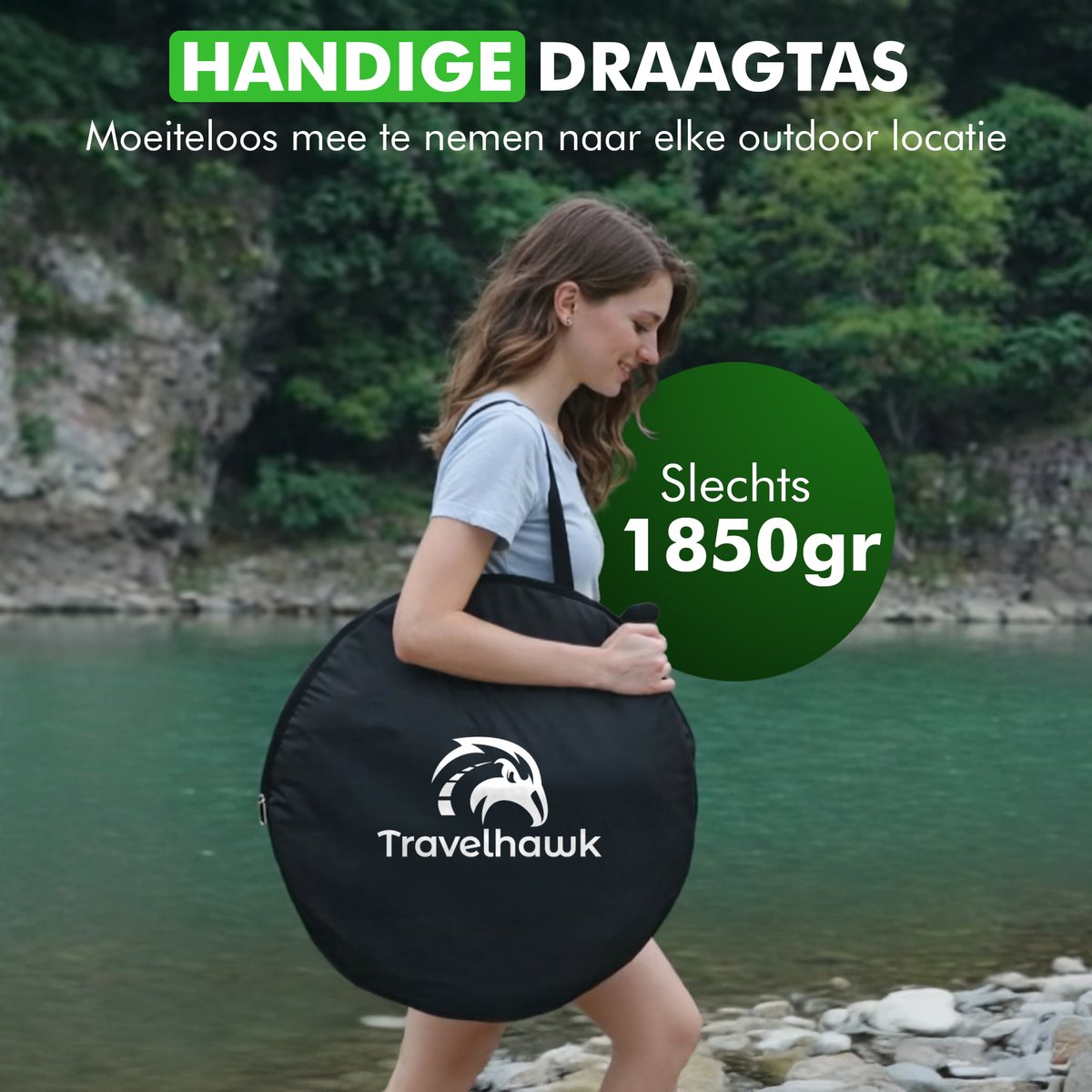 Pop up douchetent compact opgevouwen in draagtas
