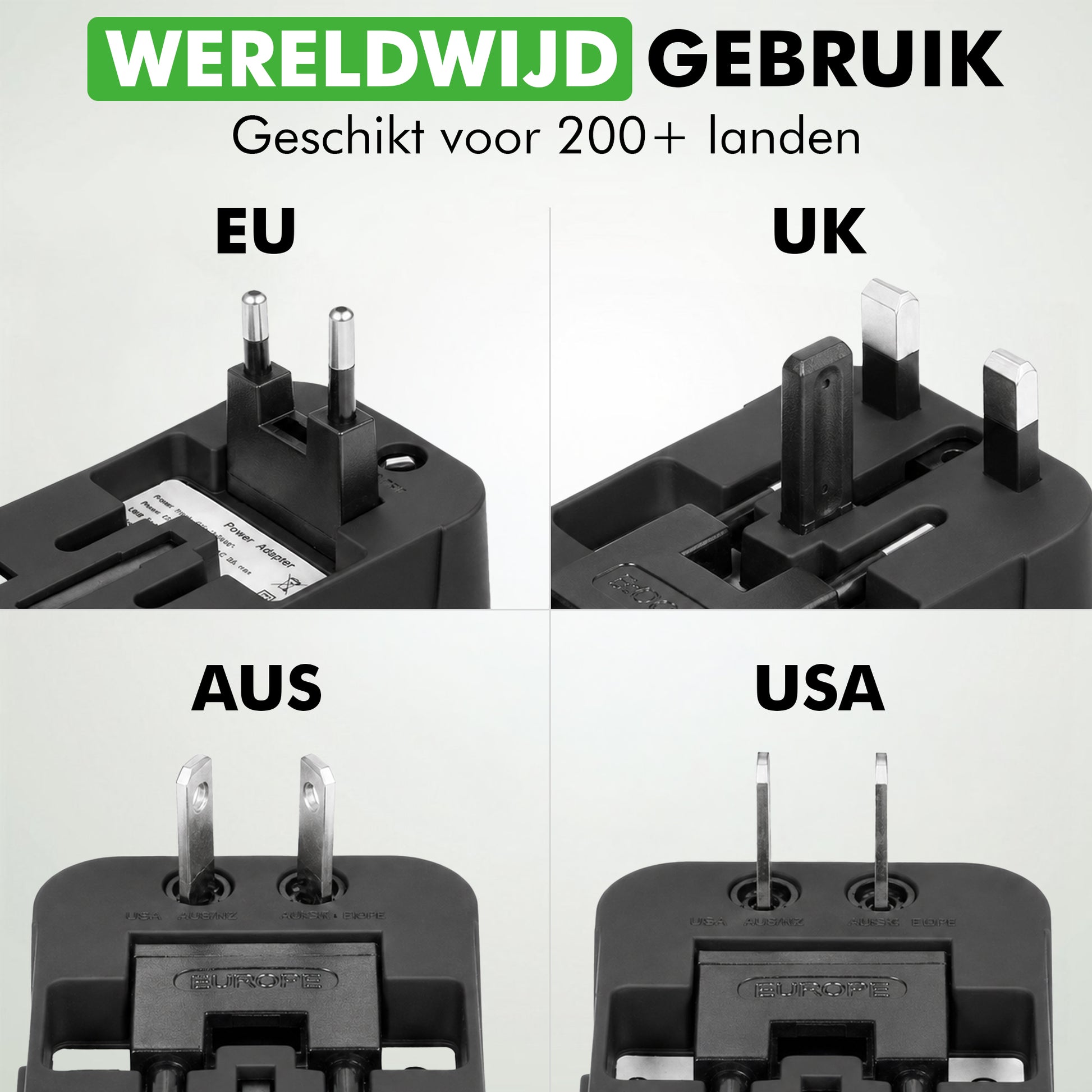 Reisadapter met verschillende stekkertypen voor wereldwijd gebruik