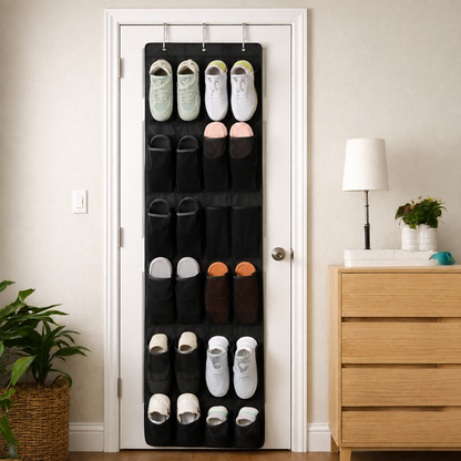 Schoenen organizer voor aan de deur gevuld met sneakers slippers en andere schoenen