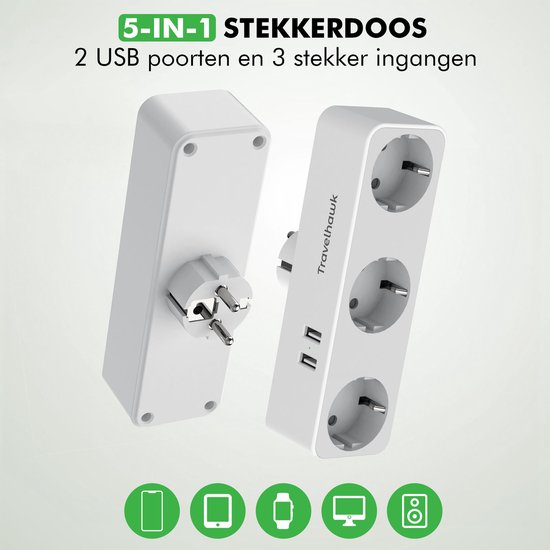 Travelhawk 3-voudige stekkerdoos met USB-poorten detail