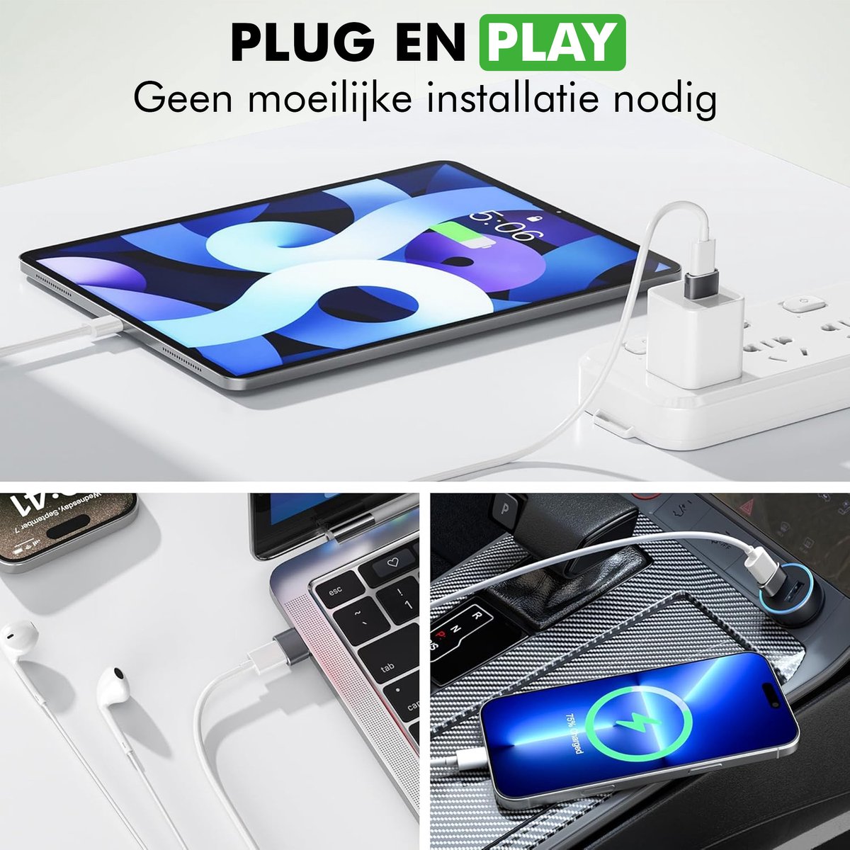 Travelhawk USB-A naar USB-C adapters gebruikt op bureau met laptop en telefoon