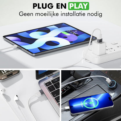 Travelhawk USB-A naar USB-C adapters gebruikt op bureau met laptop en telefoon