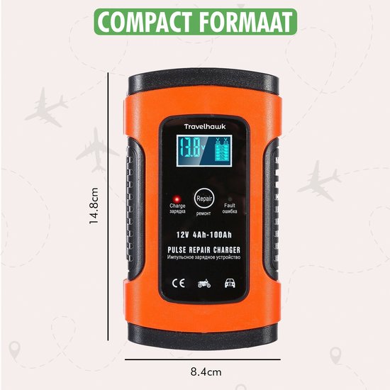 Travelhawk acculader intern veiligheidsoverzicht en statusindicator