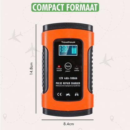 Travelhawk acculader intern veiligheidsoverzicht en statusindicator