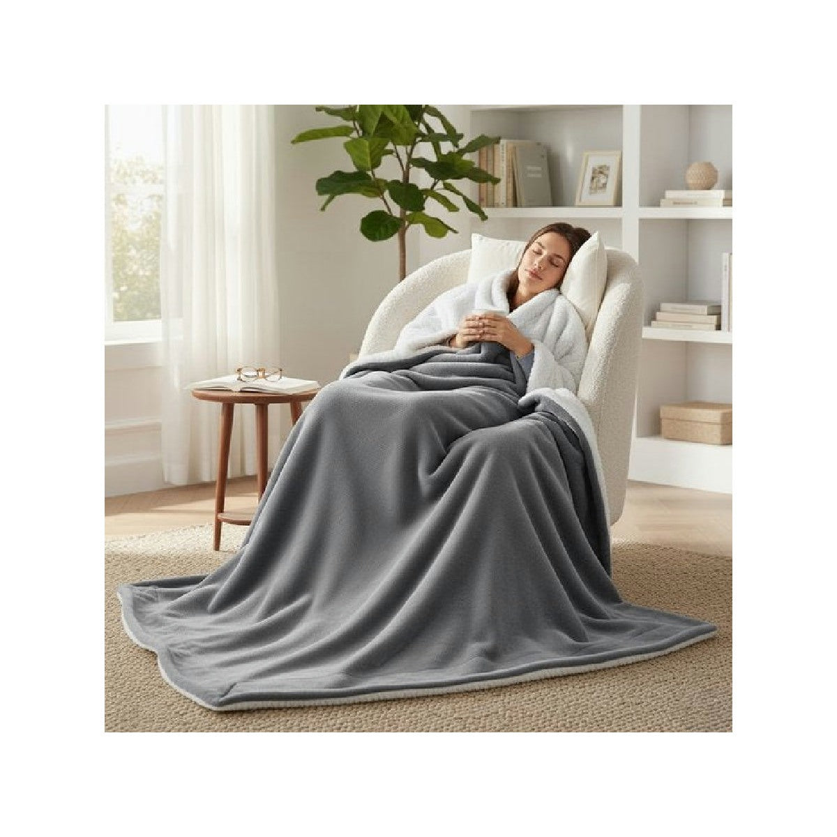 Vrouw onder een grijze Travelhawk fleece deken in een fauteuil