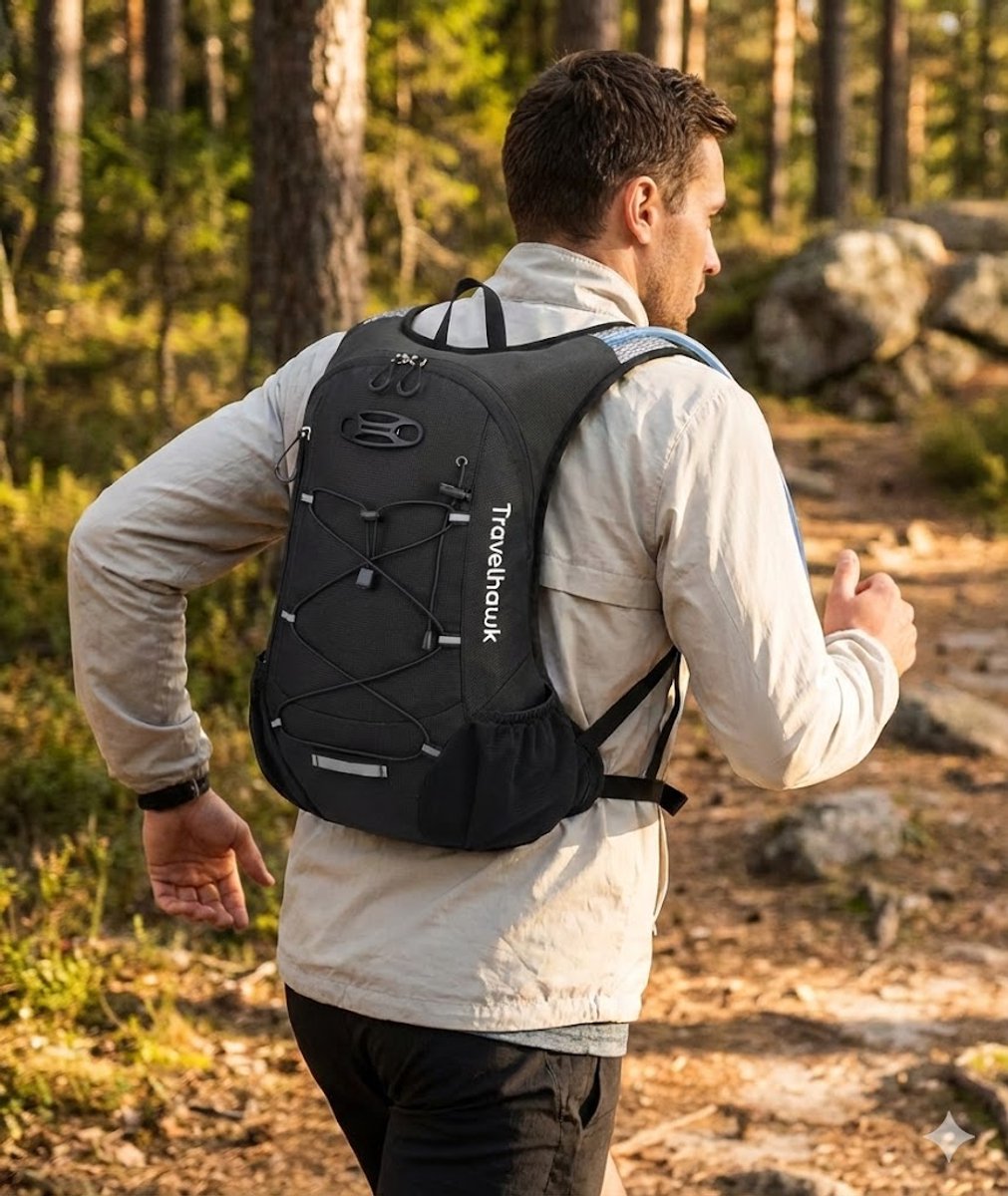 Travelhawk drinkrugzak gebruikt tijdens hardlopen in outdoor omgeving