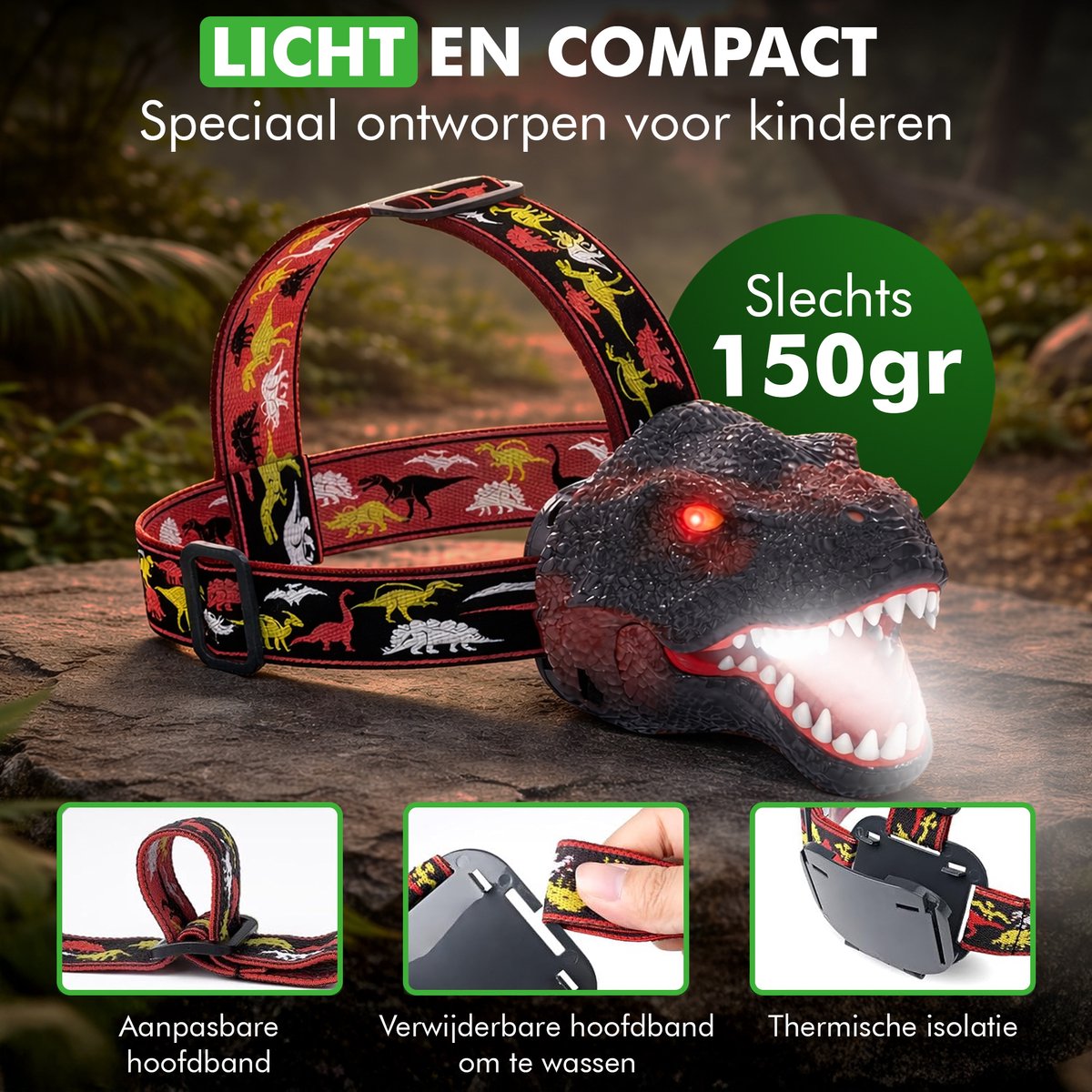 Travelhawk hoofdlamp kinderen dino