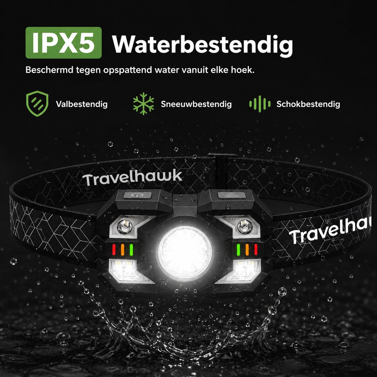 Travelhawk hoofdlamp met verstelbare hoofdband en krachtige LED verlichting