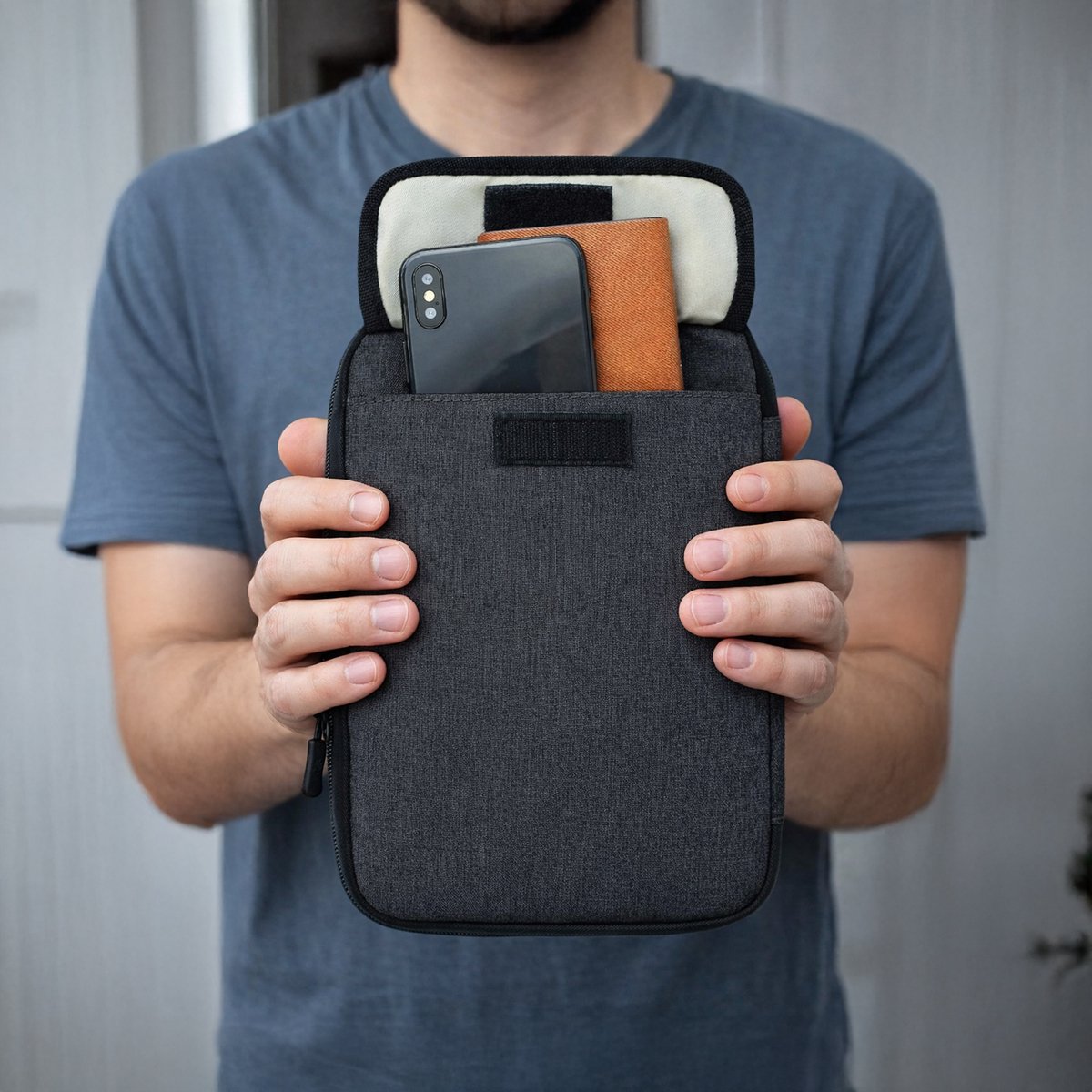 Man houdt een zwarte Travelhawk kabel organizer met telefoon en accessoires vast