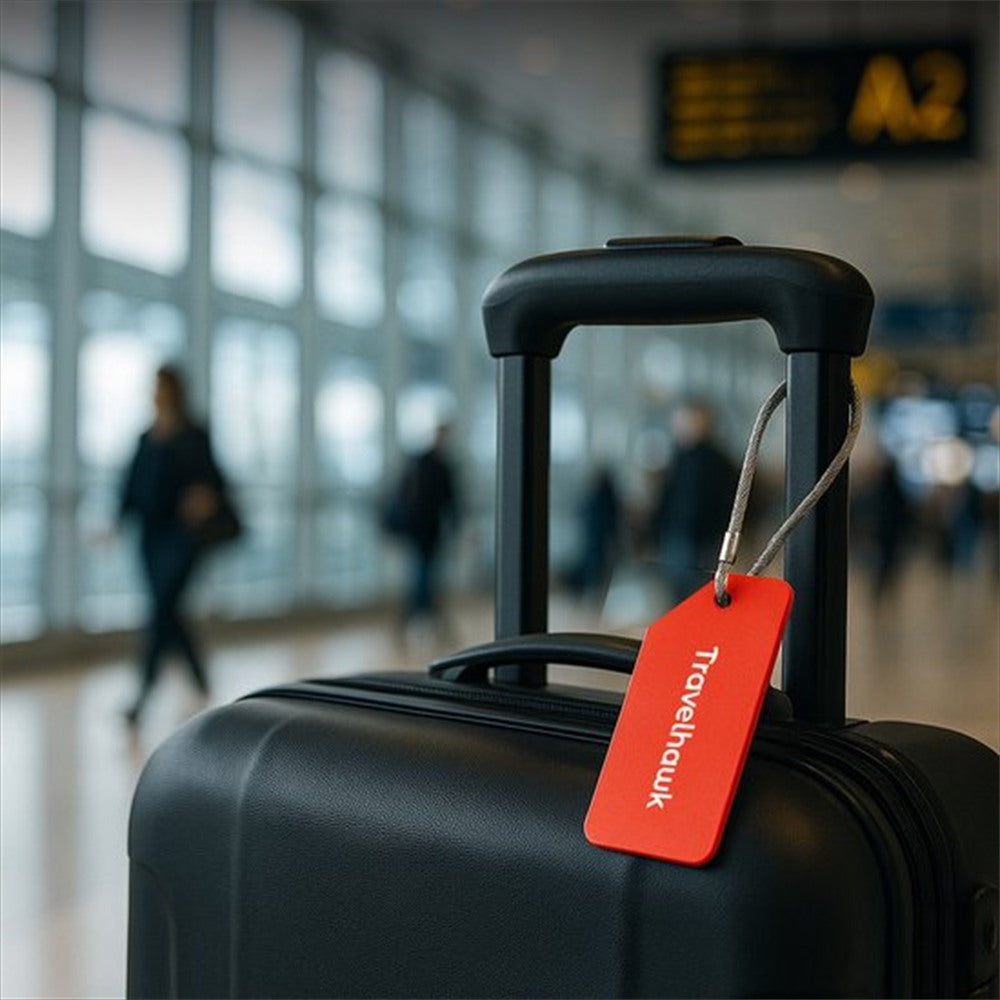Travelhawk kofferlabel bevestigd aan reiskoffer
