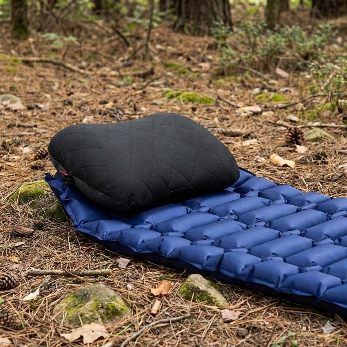 Travelhawk opblaasbaar kussen gebruikt tijdens kampeertrip in de natuur