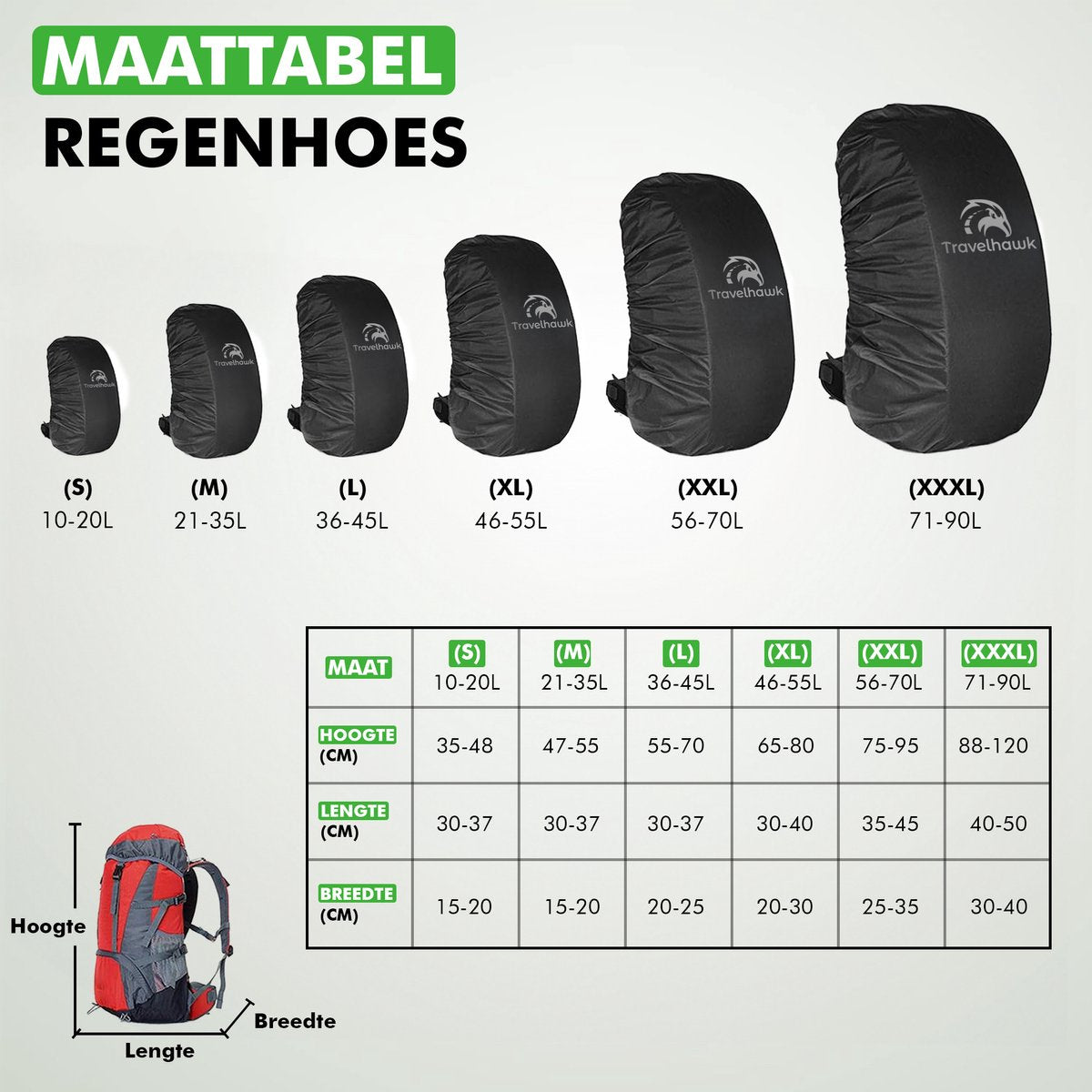Travelhawk regenhoes rugzak compact opbergbaar zwart
