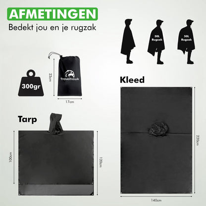 Travelhawk regenponcho compact opgevouwen in zakje