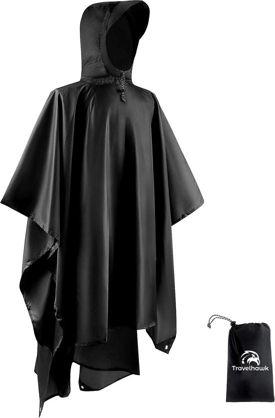 Travelhawk regenponcho volwassenen waterdicht zwart