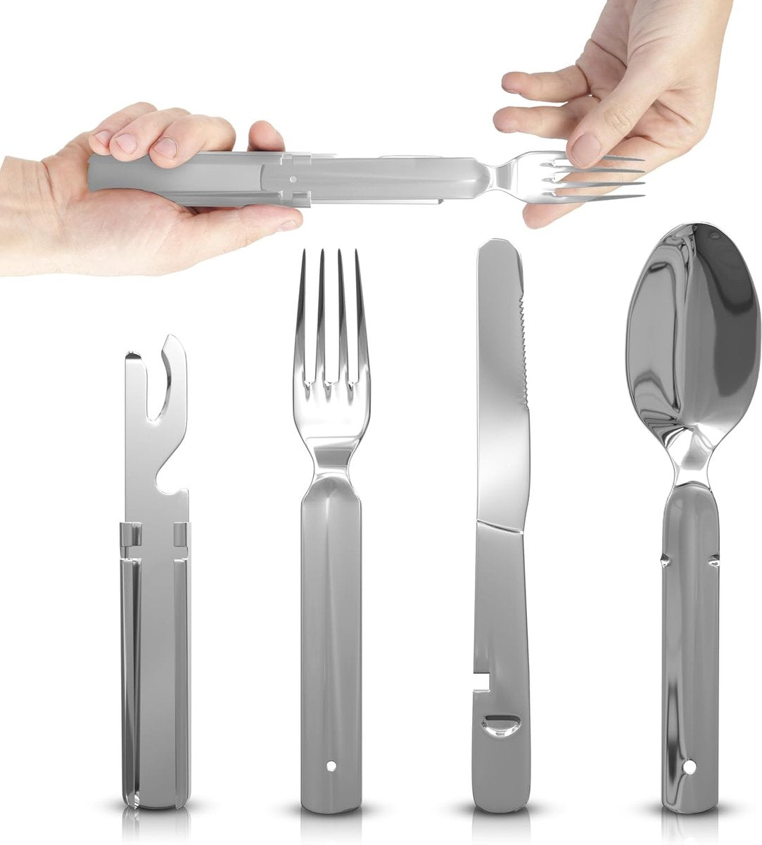 Travelhawk reisbestek met vork, mes en lepel uitgeschoven