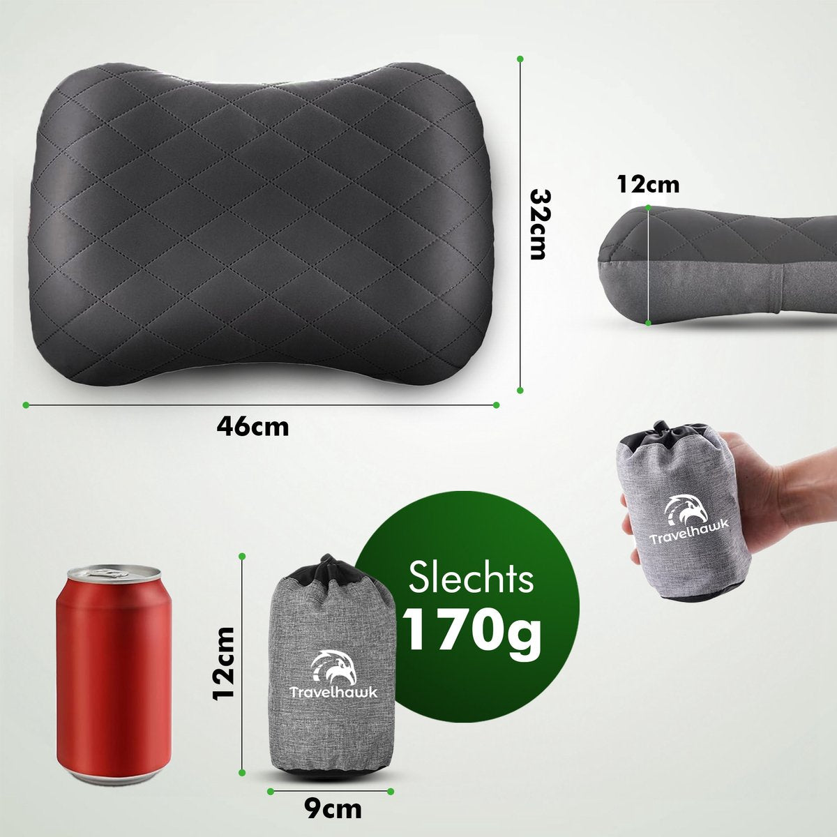 Travelhawk reiskussen zwart leeg en compact opgevouwen voor opbergen