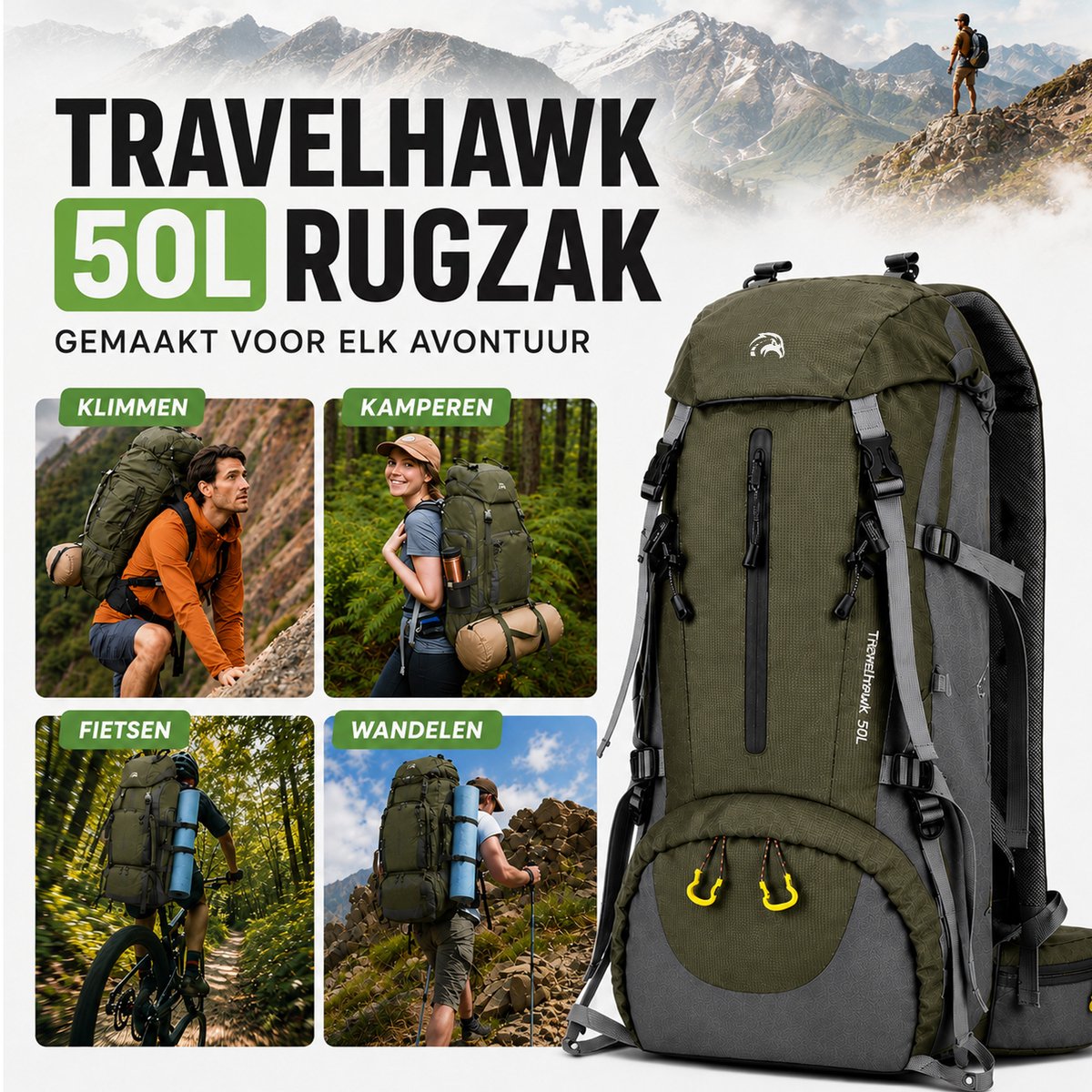 Travelhawk reisrugzak 50 liter met frontloader en toploader opening