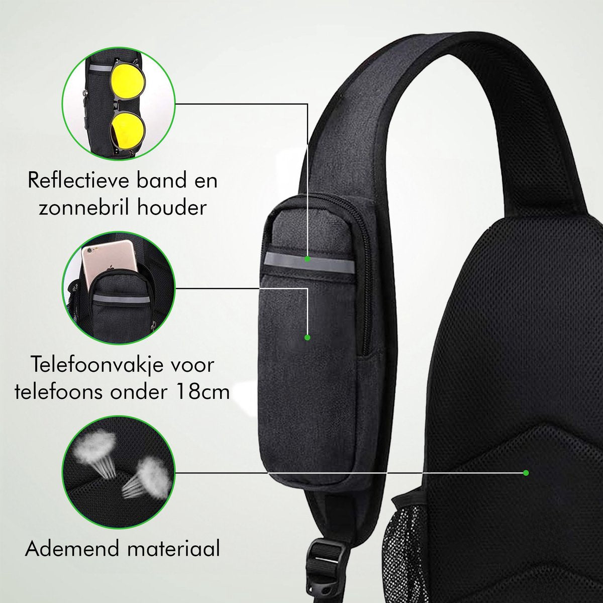 Travelhawk schoudertas met ademende rugzijde, telefoonvak en reflecterende band