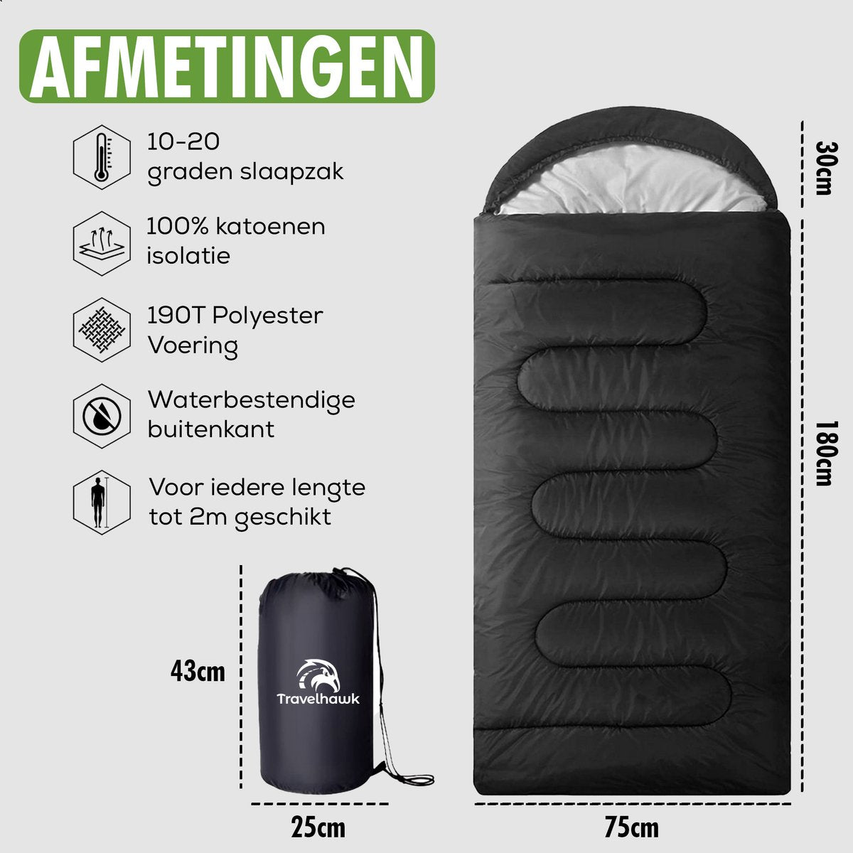 Travelhawk slaapzak mummy 210×75 cm opgerold in draagtas voor kamperen