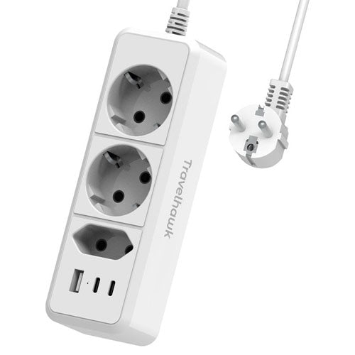Travelhawk stekkerdoos 1.5m met USB-C en USB-A wit