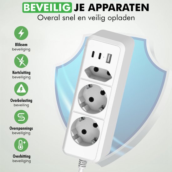 Travelhawk stekkerdoos 1,5 m met 2× USB-C en 1× USB-A wit productfoto