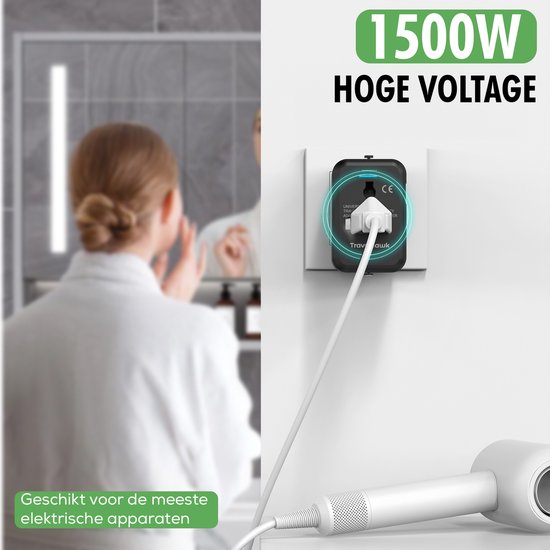 Travelhawk universele reisstekker met hittebestendig en veilig ontwerp