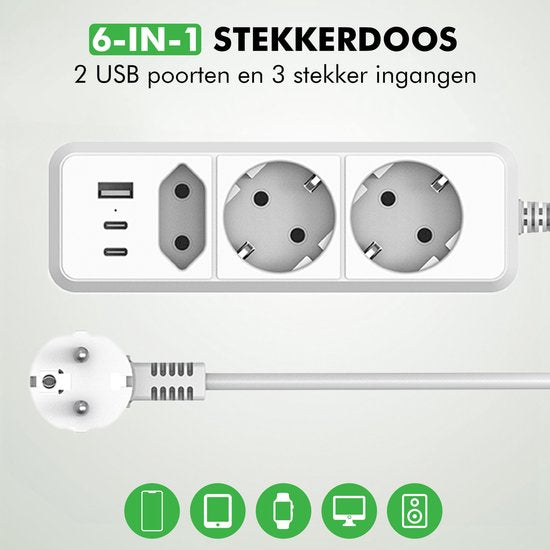 Travelhawk verlengsnoer stekkerdoos horizontaal met 2 USB-C 1 USB-A
