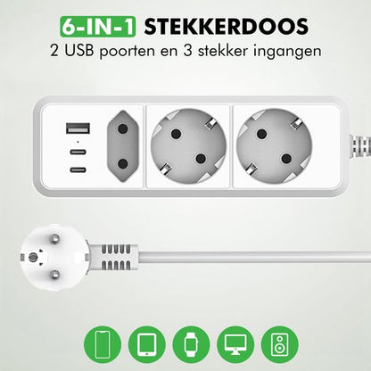 Travelhawk verlengsnoer stekkerdoos horizontaal met 2 USB-C 1 USB-A