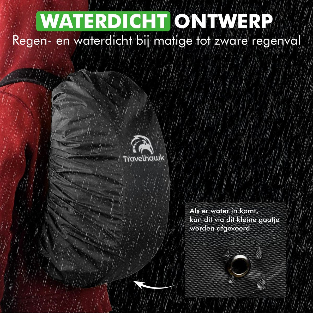 Travelhawk waterproof rugzakhoes reflecterend gebruik bij regen