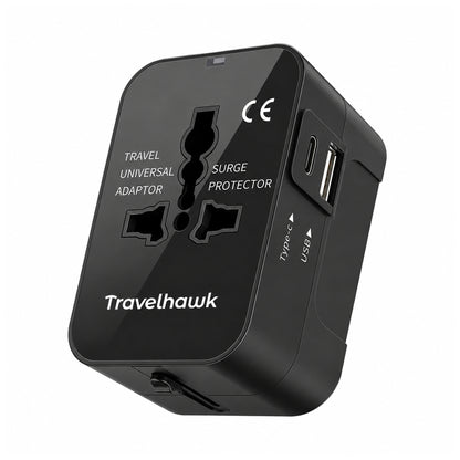 Travelhawk wereldstekker met USB-C en USB-A voor 150+ landen zwart