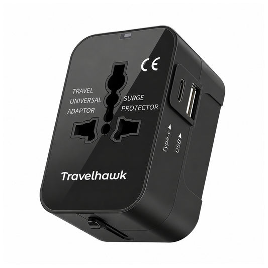 Travelhawk wereldstekker met USB-C en USB-A voor 150+ landen zwart