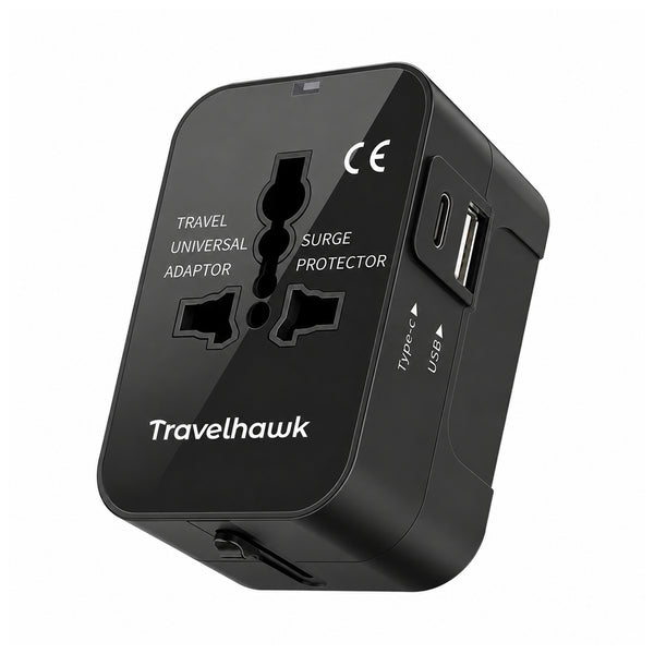 Travelhawk wereldstekker met USB-C en USB-A voor 150+ landen zwart