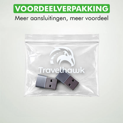 Twee grijze Travelhawk USB-A naar USB-C adapters naast elkaar
