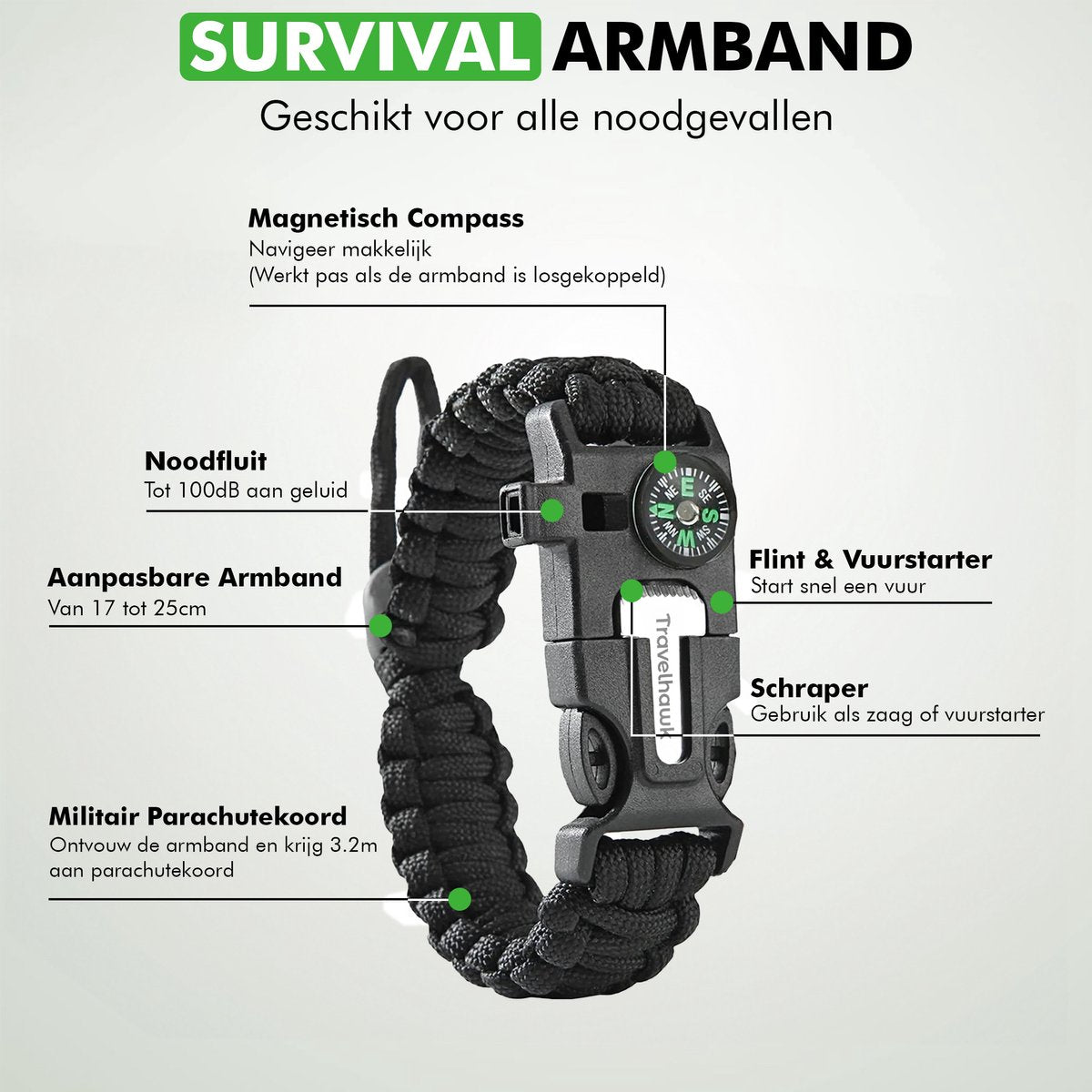 Vuursteen en schrapermesje component van Travelhawk paracord survival kit