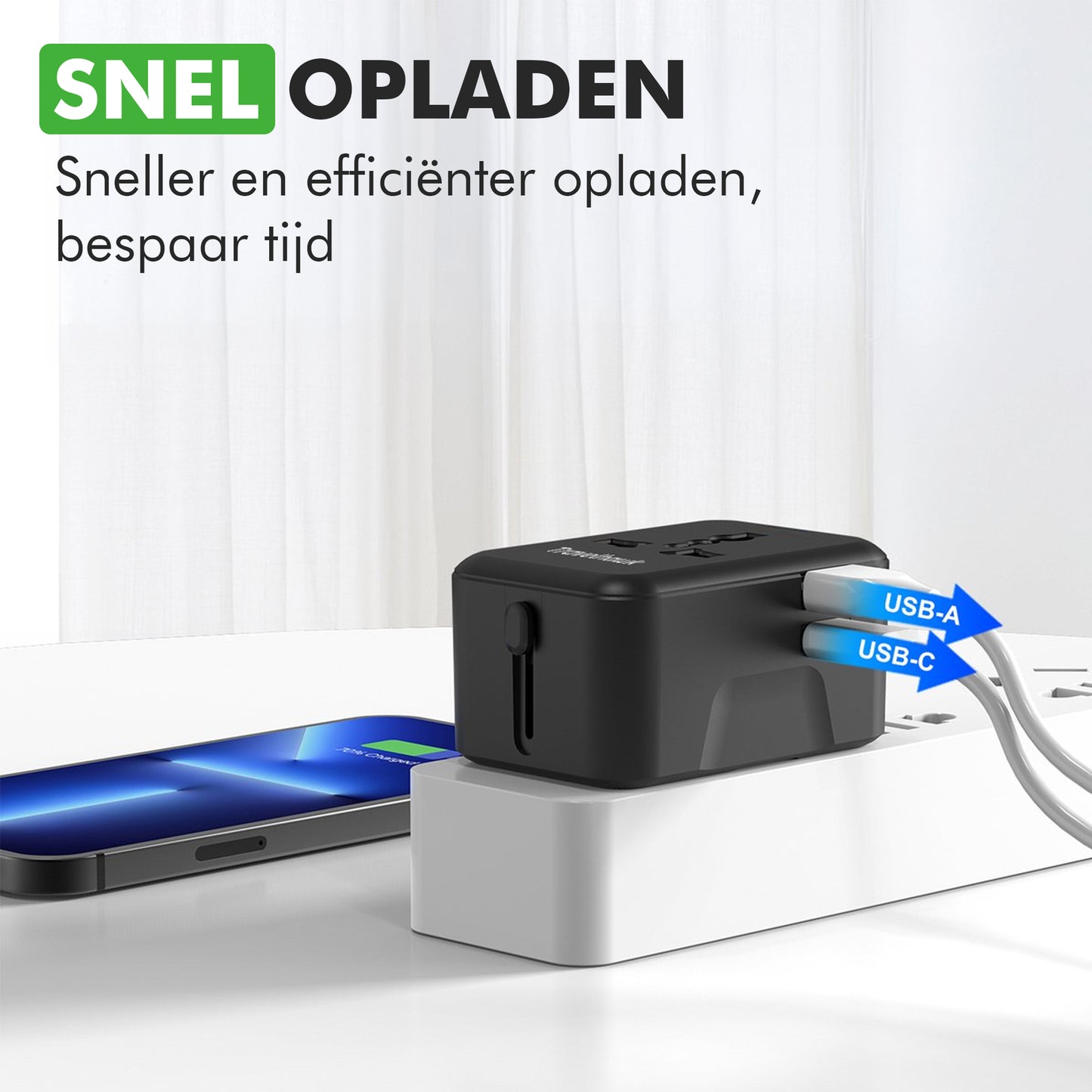Wereldstekker met USB-C en USB-A aansluiting voor internationale reizen