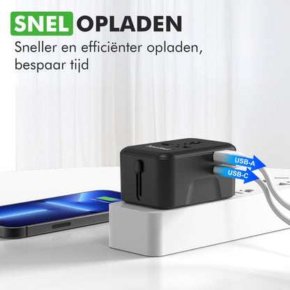Wereldstekker met USB-C en USB-A aansluiting voor internationale reizen