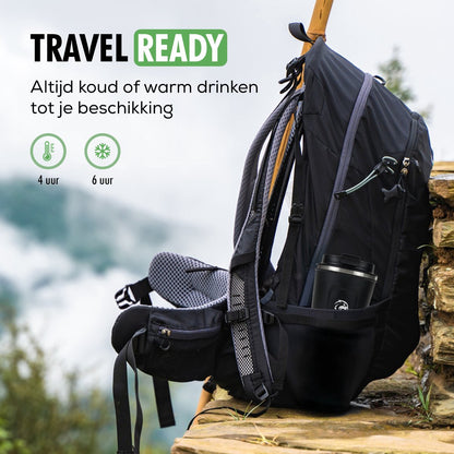 Zijkant van Travelhawk thermosbeker met roestvrijstalen afwerking