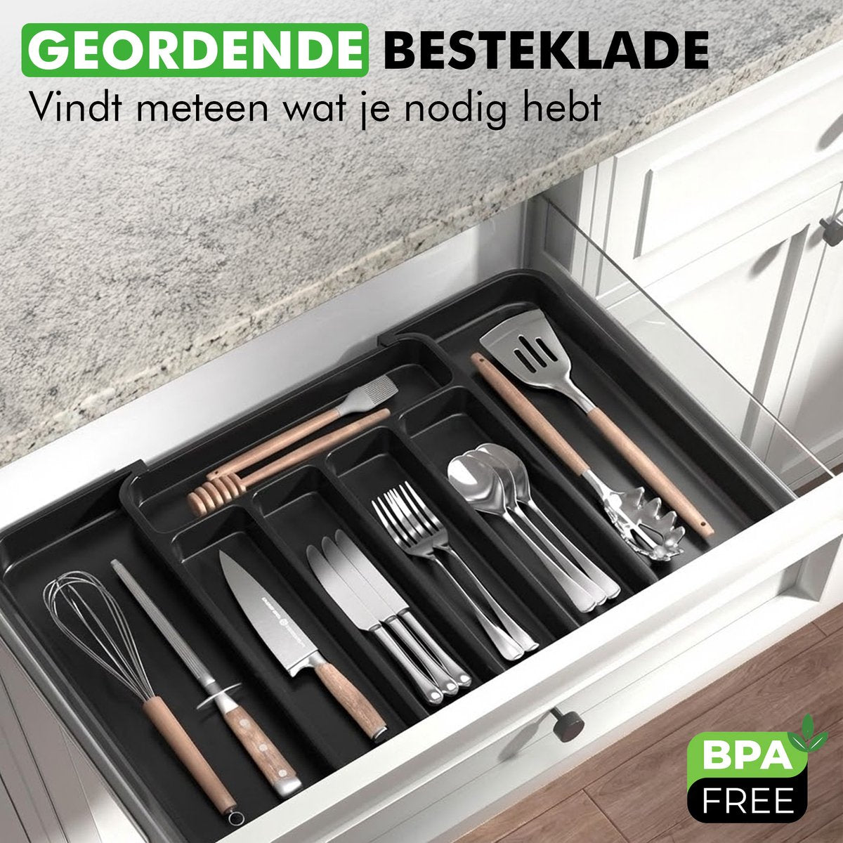 Zwarte kunststof bestek organizer eenvoudig schoon te maken onder de kraan