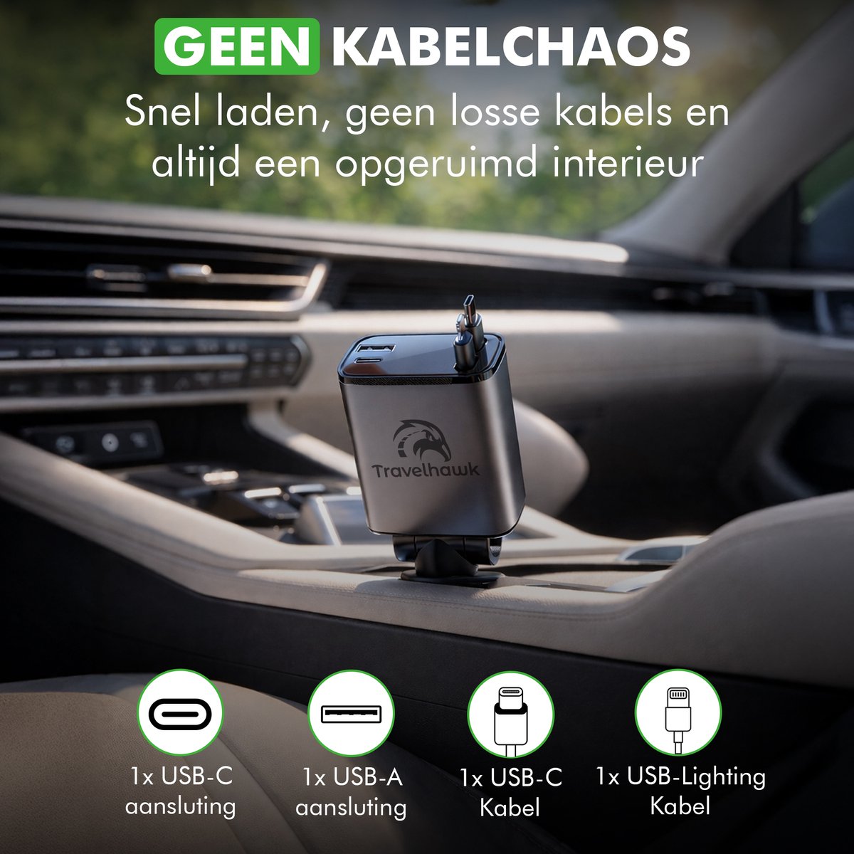 autolader met intrekbare kabels USB C en Lightning