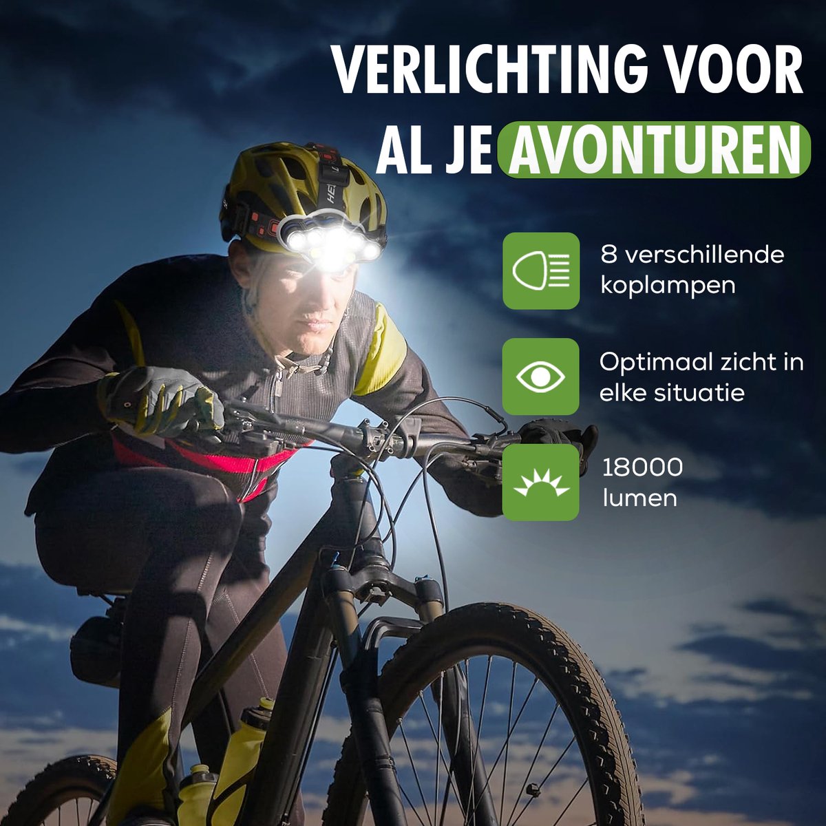 hoofdlamp in gebruik op hoofd ’s nachts buiten