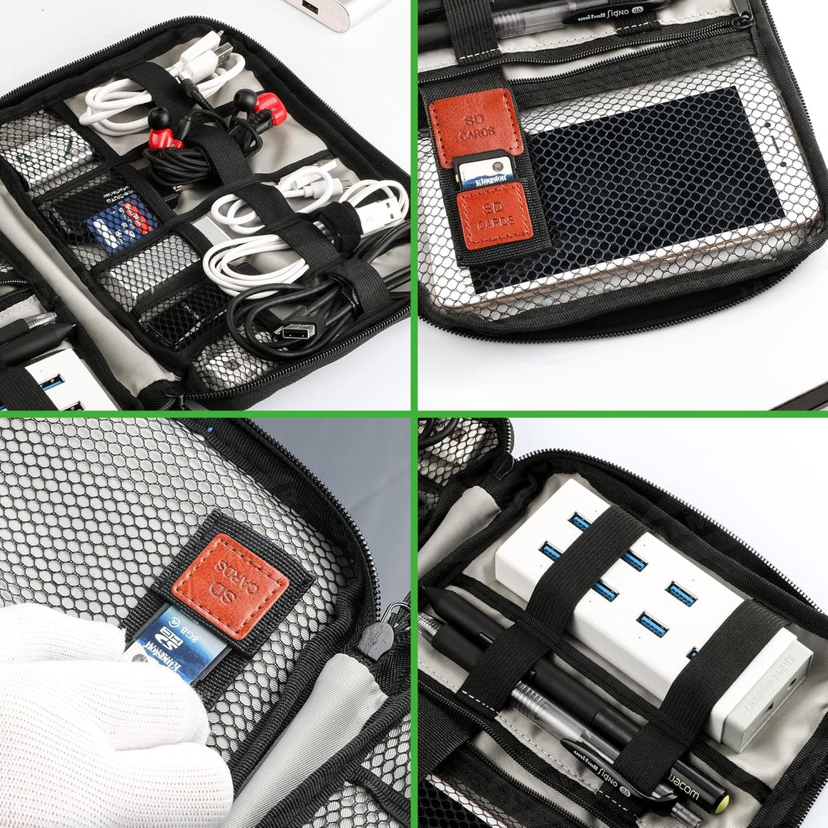 Binnenkant van de Travelhawk kabel organizer met elastische lussen, vakken en geheugenkaarthouders