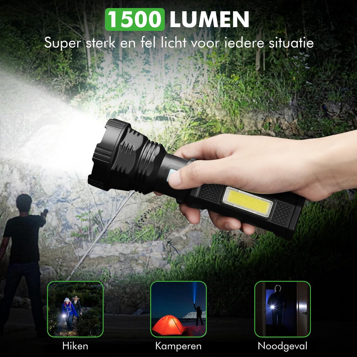 lichtbundel van Travelhawk LED zaklamp in donkere omgeving