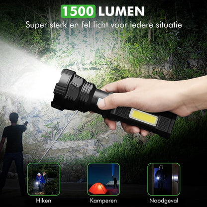 lichtbundel van Travelhawk LED zaklamp in donkere omgeving