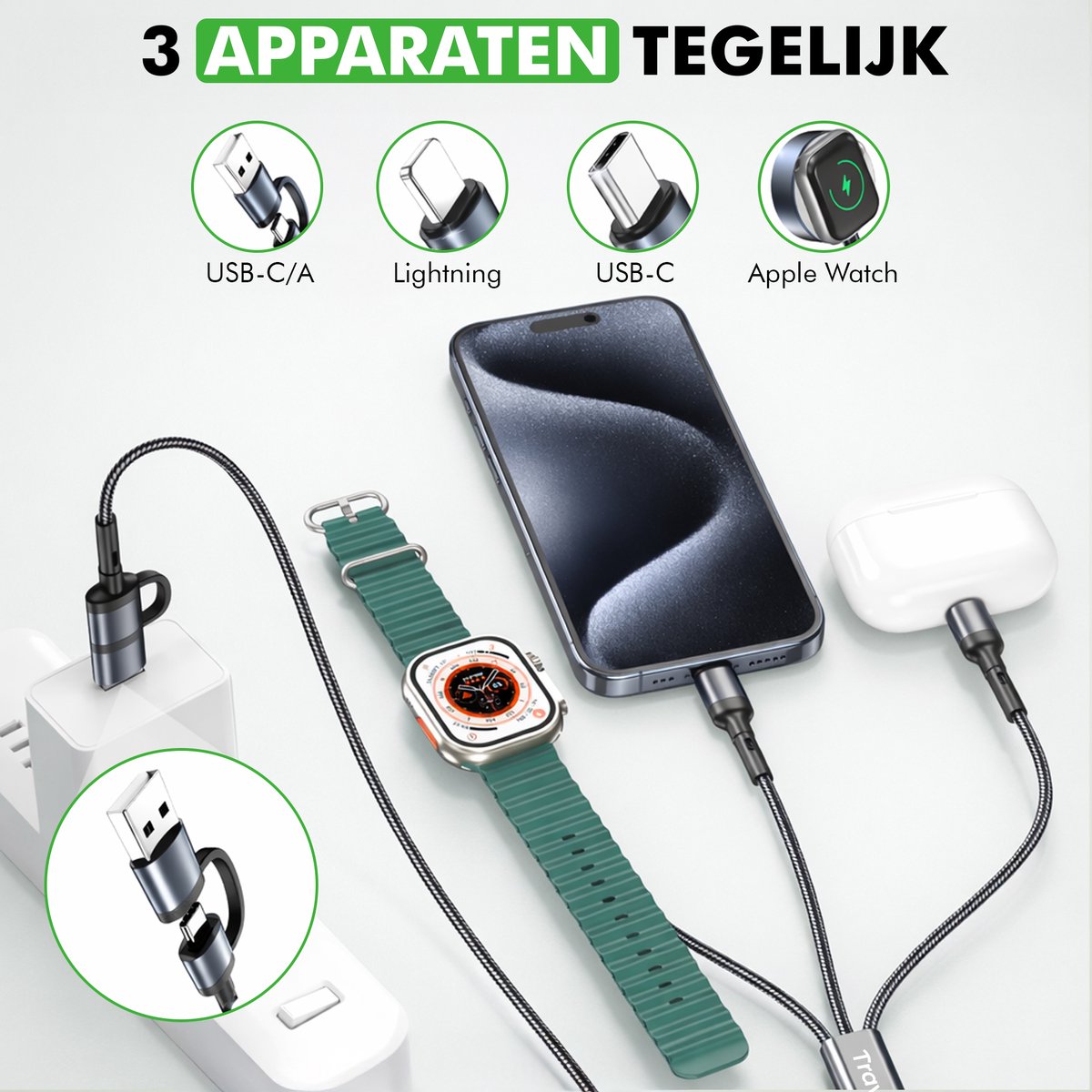 multi usb kabel voor iphone samsung en smartwatch
