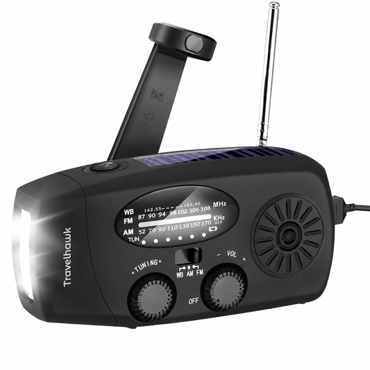 noodradio met zonnepaneel en handzwengel
